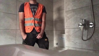 Perverted plumber gets horny while he's working on radiator plumbing in construction