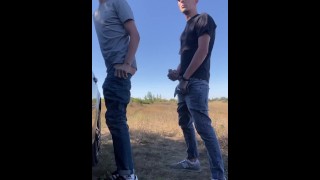 Straight guy fuck gay friend outdoor bareback and cum in ass